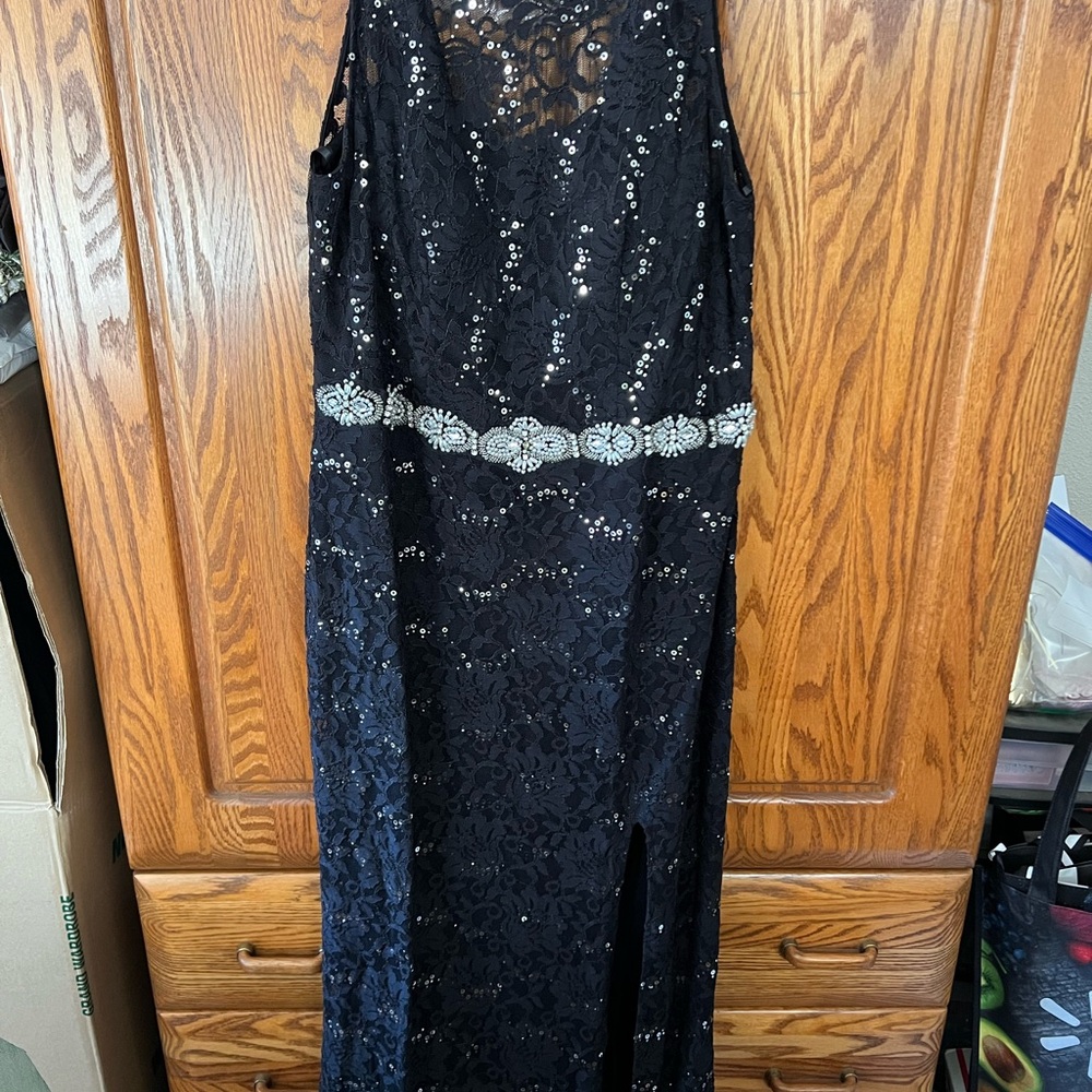 City Triangles Black Lace Prom Dress with Silver Accents